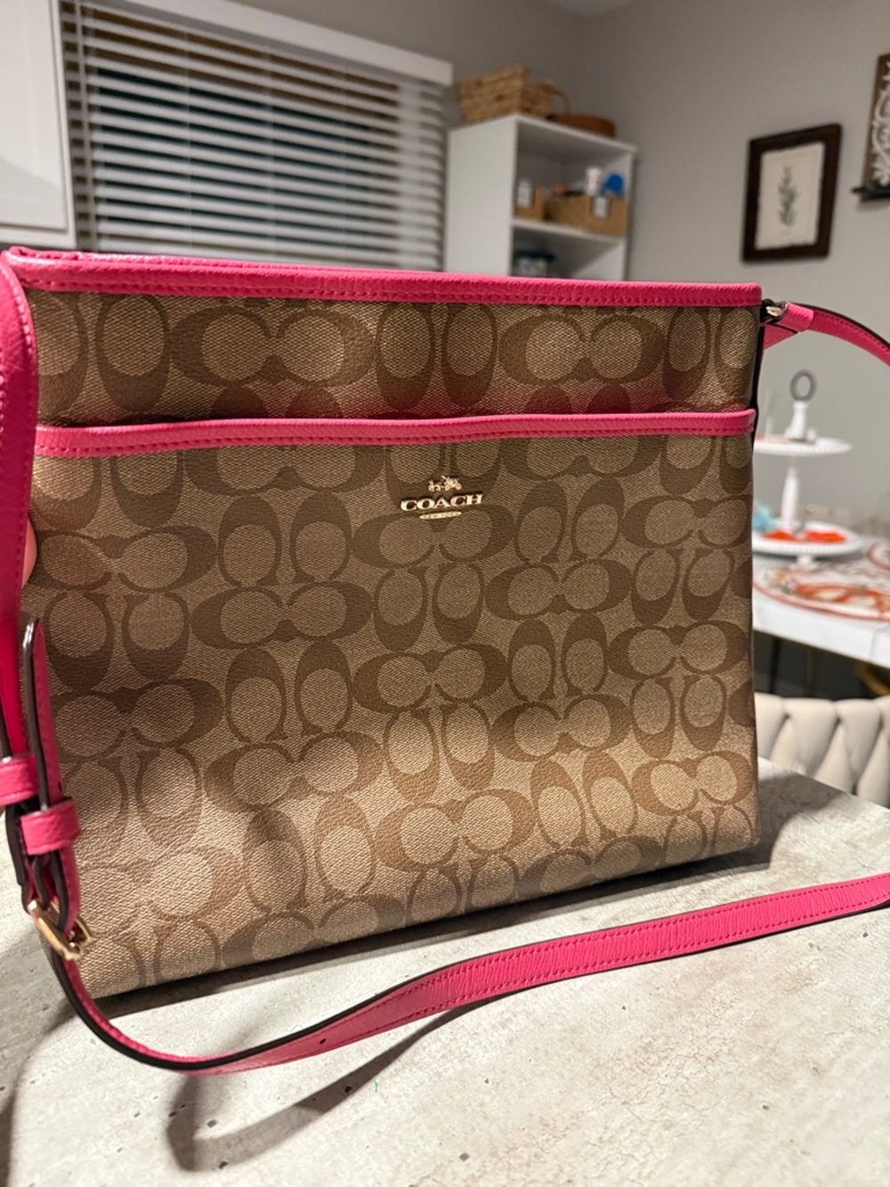 Coach Brown Canvas Crossbody with Pink Leather Trim